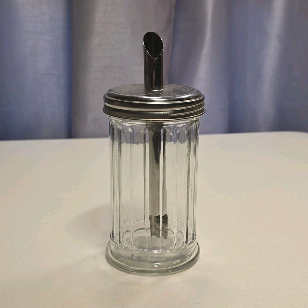 Glass Sugar Shaker Dispenser w/ Metal Lid & Spout, Clear/Silver Glossy